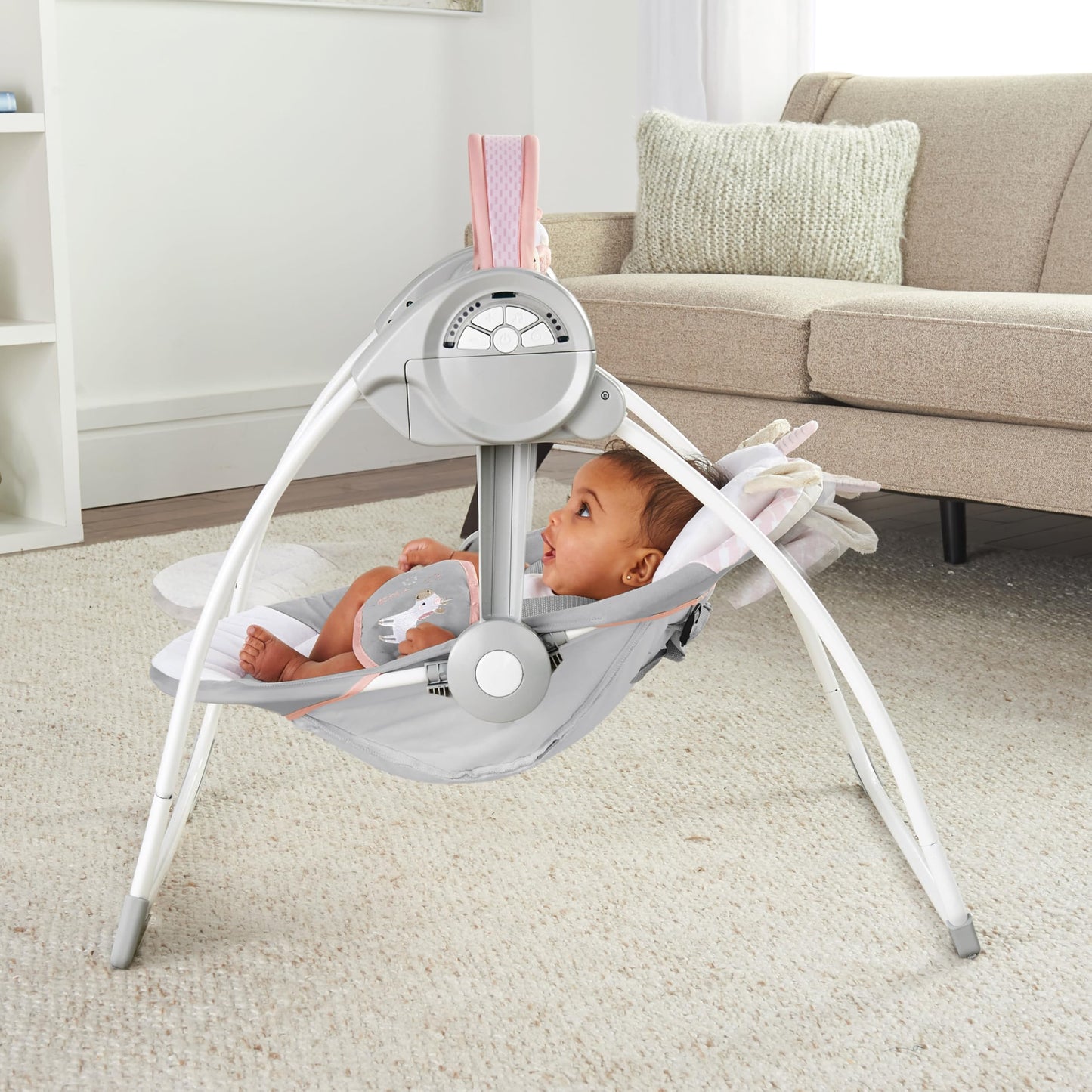 Ingenuity Comfort 2 Go Compact Portable 6-Speed Cushioned Baby Swing With Music, Folds Easy, 0-9 Months 6-20 Lbs (Pink Flora The