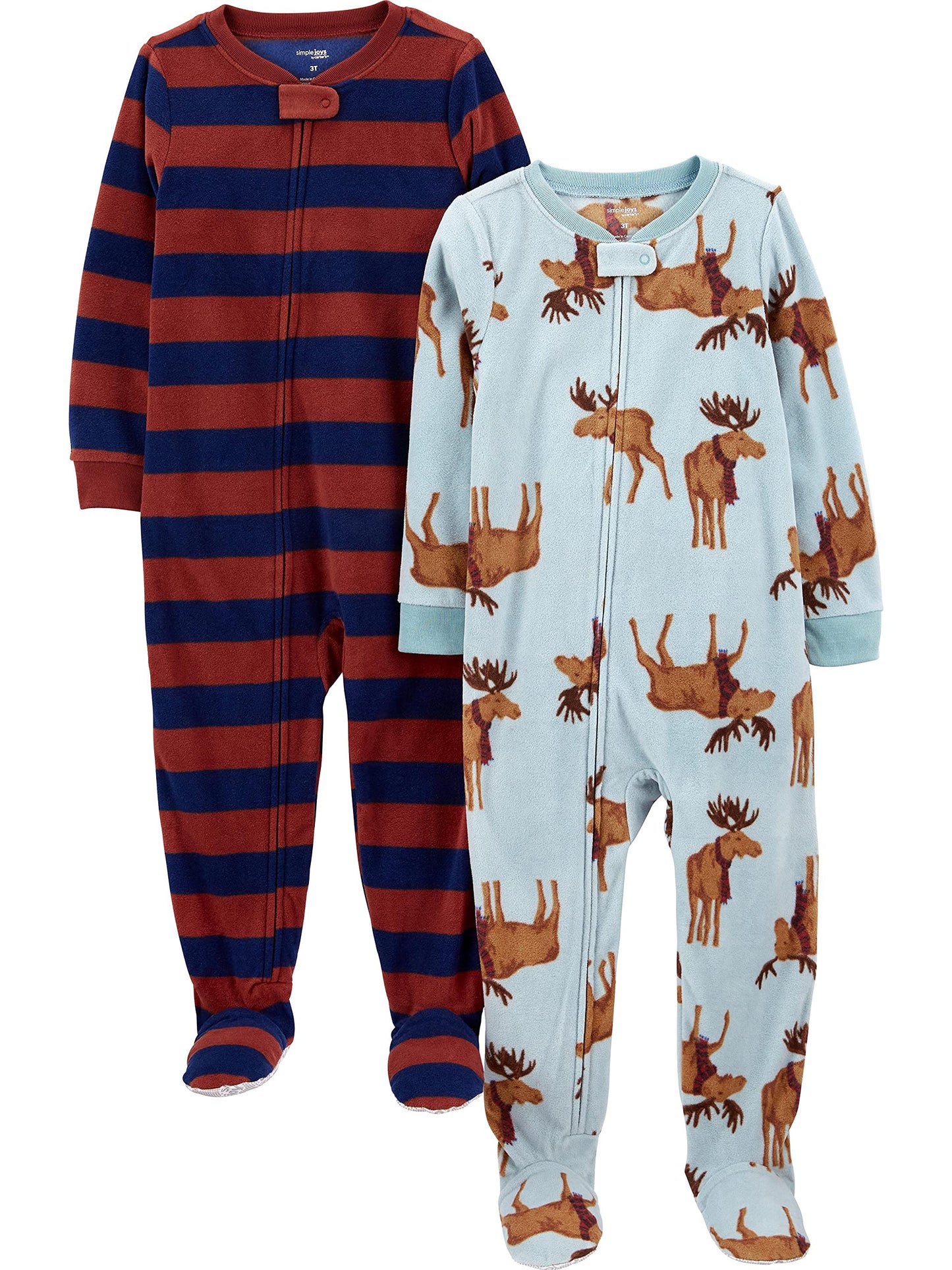 Simple Joys By Carter'S Kids' Holiday Loose-Fit Flame Resistant Fleece Footed Pajamas, Burgundy Stripe/Light Blue Moose, 2T