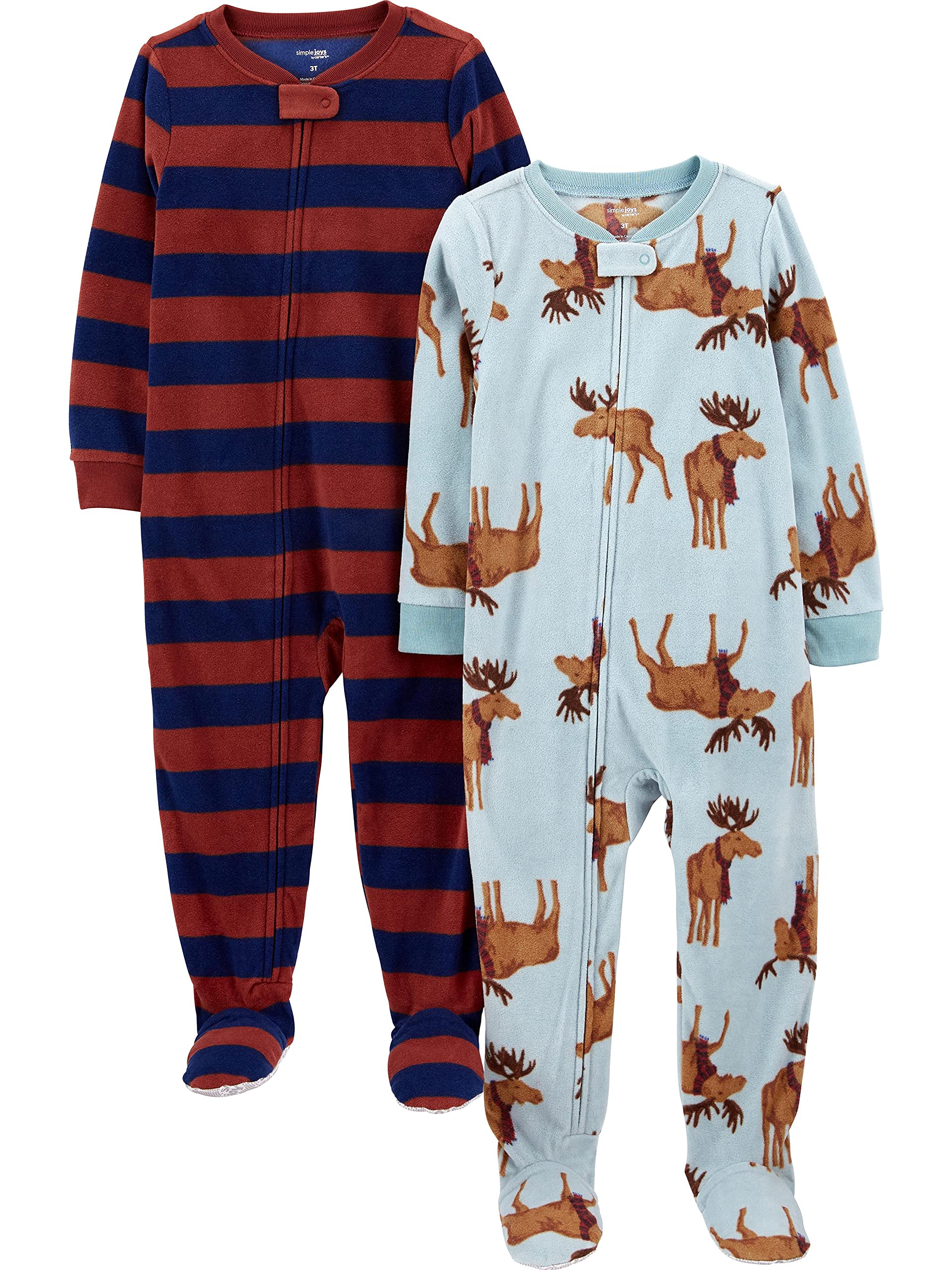 Simple Joys By Carter'S Kids' Holiday Loose-Fit Flame Resistant Fleece Footed Pajamas, Burgundy Stripe/Light Blue Moose, 2T