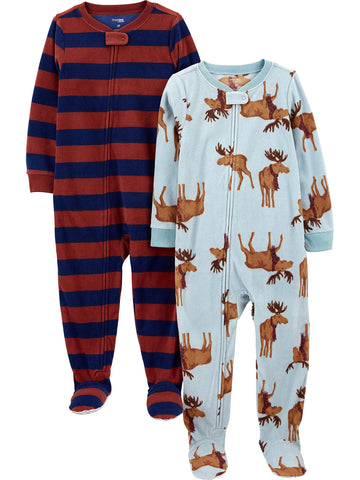 Simple Joys By Carter'S Kids' Holiday Loose-Fit Flame Resistant Fleece Footed Pajamas, Burgundy Stripe/Light Blue Moose, 2T