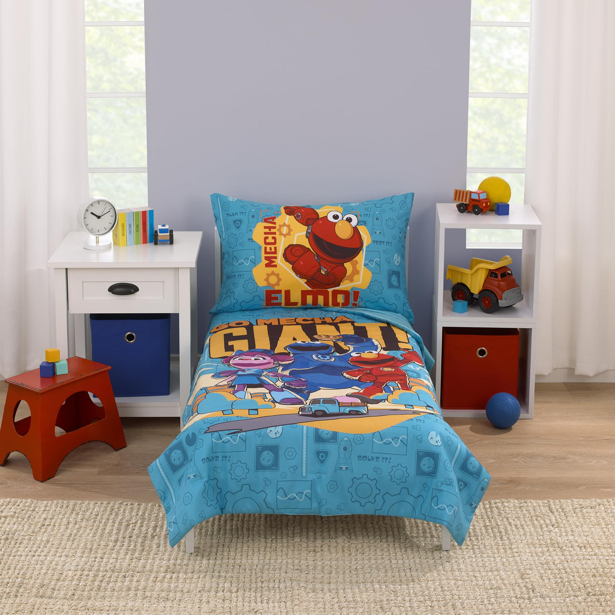 Sesame Street Mecha Builders Blue, Red, and Gold, with Cookie Monster, Elmo and Abby 4 Piece Toddler Bed Set  Comforter, Fitted