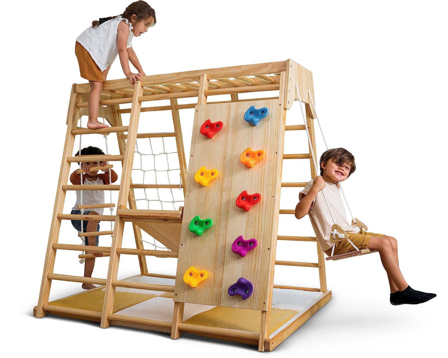 Avenlur Magnolia Indoor Playground 6-In-1 Jungle Gym Montessori Waldorf Style Wooden Climber Playset Slide, Rock Climbing Wall,