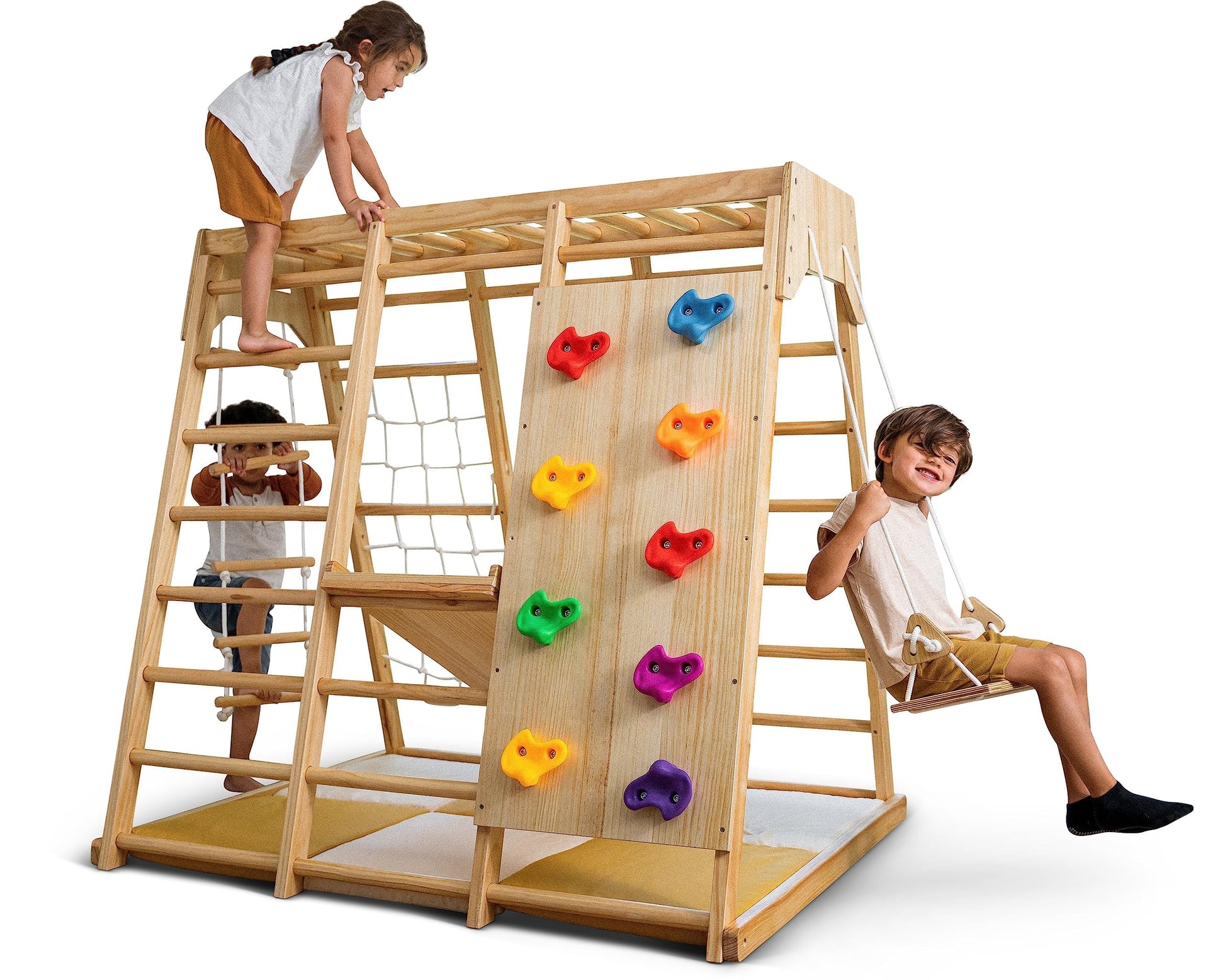 Avenlur Magnolia Indoor Playground 6-In-1 Jungle Gym Montessori Waldorf Style Wooden Climber Playset Slide, Rock Climbing Wall,