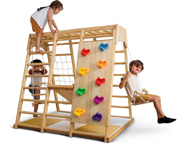 Avenlur Magnolia Indoor Playground 6-In-1 Jungle Gym Montessori Waldorf Style Wooden Climber Playset Slide, Rock Climbing Wall,