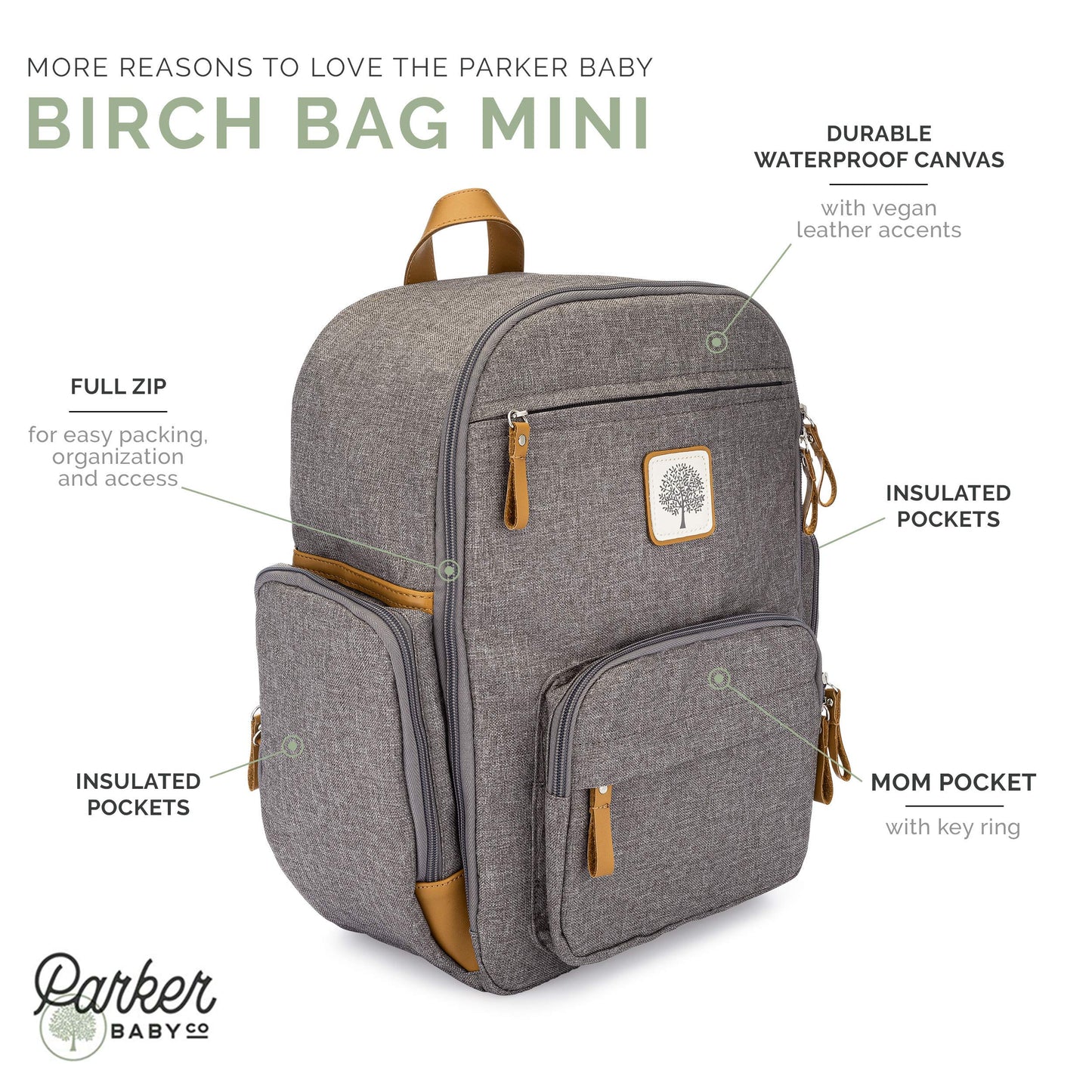 Parker Baby Diaper Backpack - Full Zip Diaper Bag With Insulated Pockets - Gray