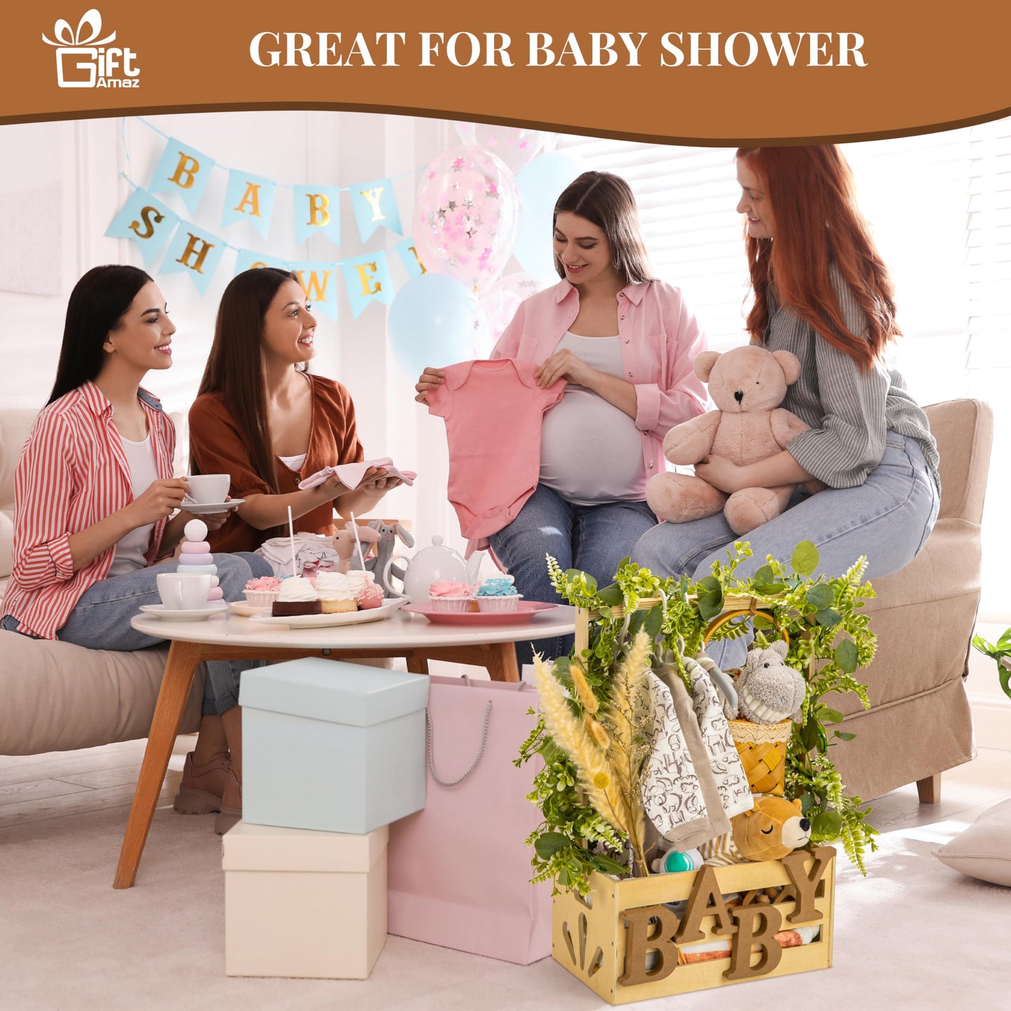 Giftamaz Wooden Baby Shower Crate Closet, Baby Storage Crate With Handle, Basket For Baby Shower Gifts, Welcome Gift Basket For