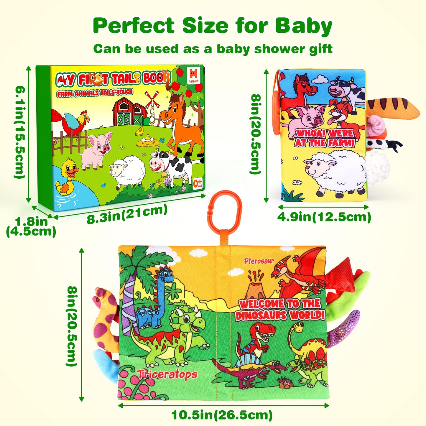 Helsort Soft Baby Books for 0-18 Months, 2PCS Crinkle Cloth Books - Dinosaur and Farm Themes, Tummy Time Toys for Infants 0-6-12