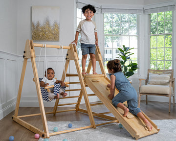 Avenlur 4-in-1 Juniper Indoor Play Gym - Jungle Gym Playset with Baby Swing, Slide, Ladder, and Climbing Wall - Foldable Wooden 