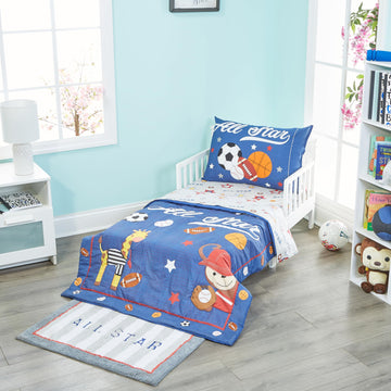 Everyday Kids 4 Piece Toddler Bedding Set - Jungle Sports - Soft 100% Cotton Percale - Includes Comforter, Flat Sheet, Fitted Sh