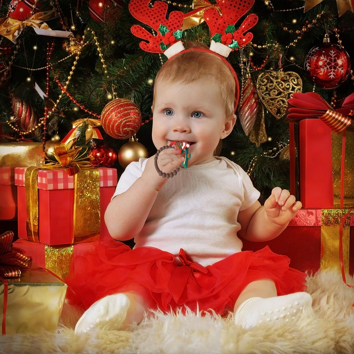 2pcs Christmas Baby Silicone Teether Christmas Tree and Bear Teething Ring Christmas Teething Toys Toddler Teething Chew Toys Ch