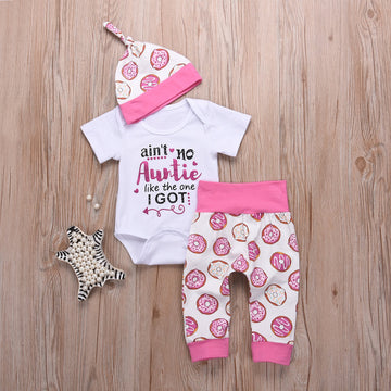 3Pcs/Set Newborn Baby Girls Outfit Auntie Bodysuit Romper With Headband+Donuts Long Pants Clothes Set (Pink, 0-6M)