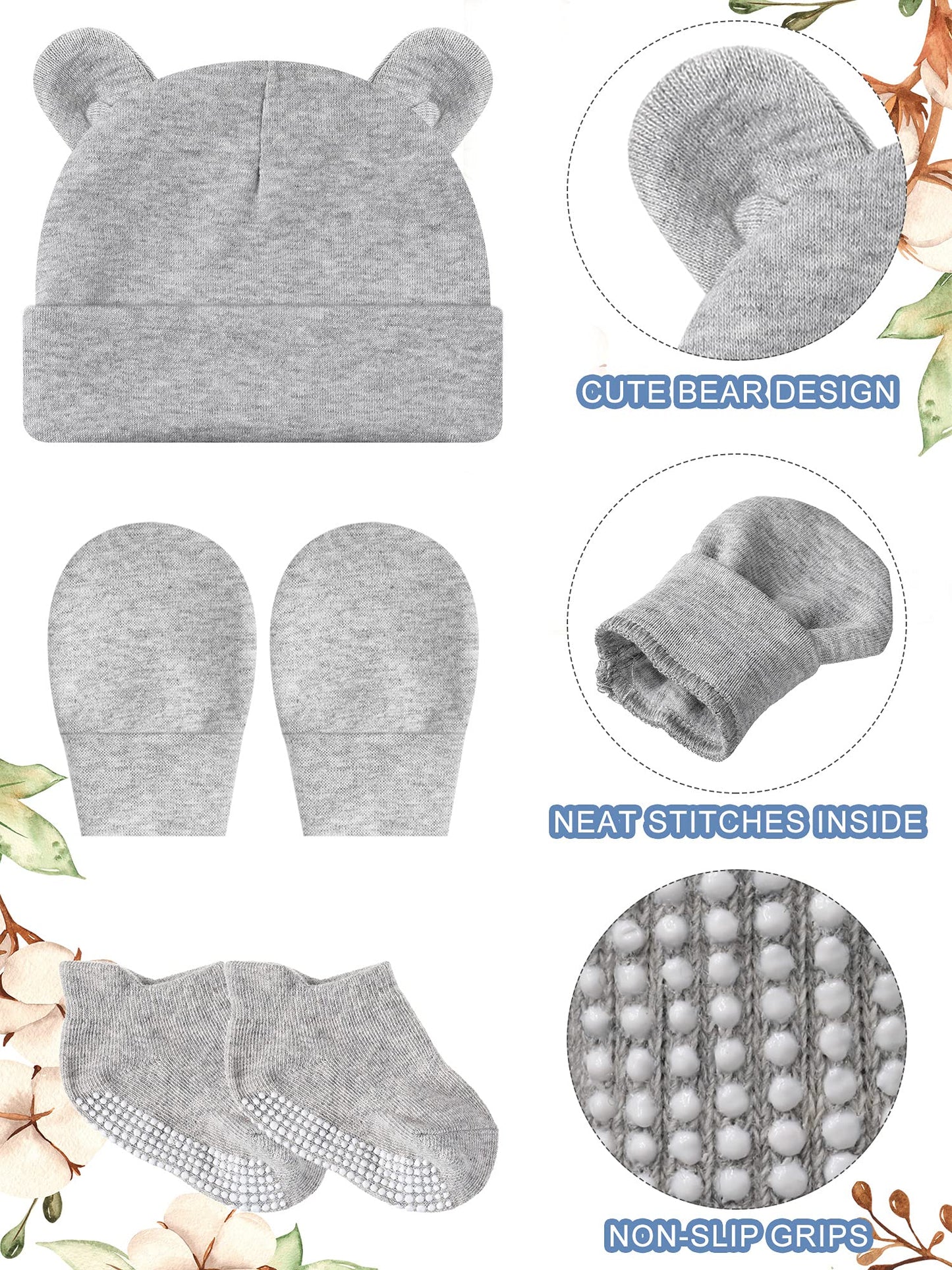 Baby Ears Newborn Hats Mittens And Socks Set For Boys Girls Beanie Hat 0-6 Month (White, Black, Gray, Light Blue,4 Set)