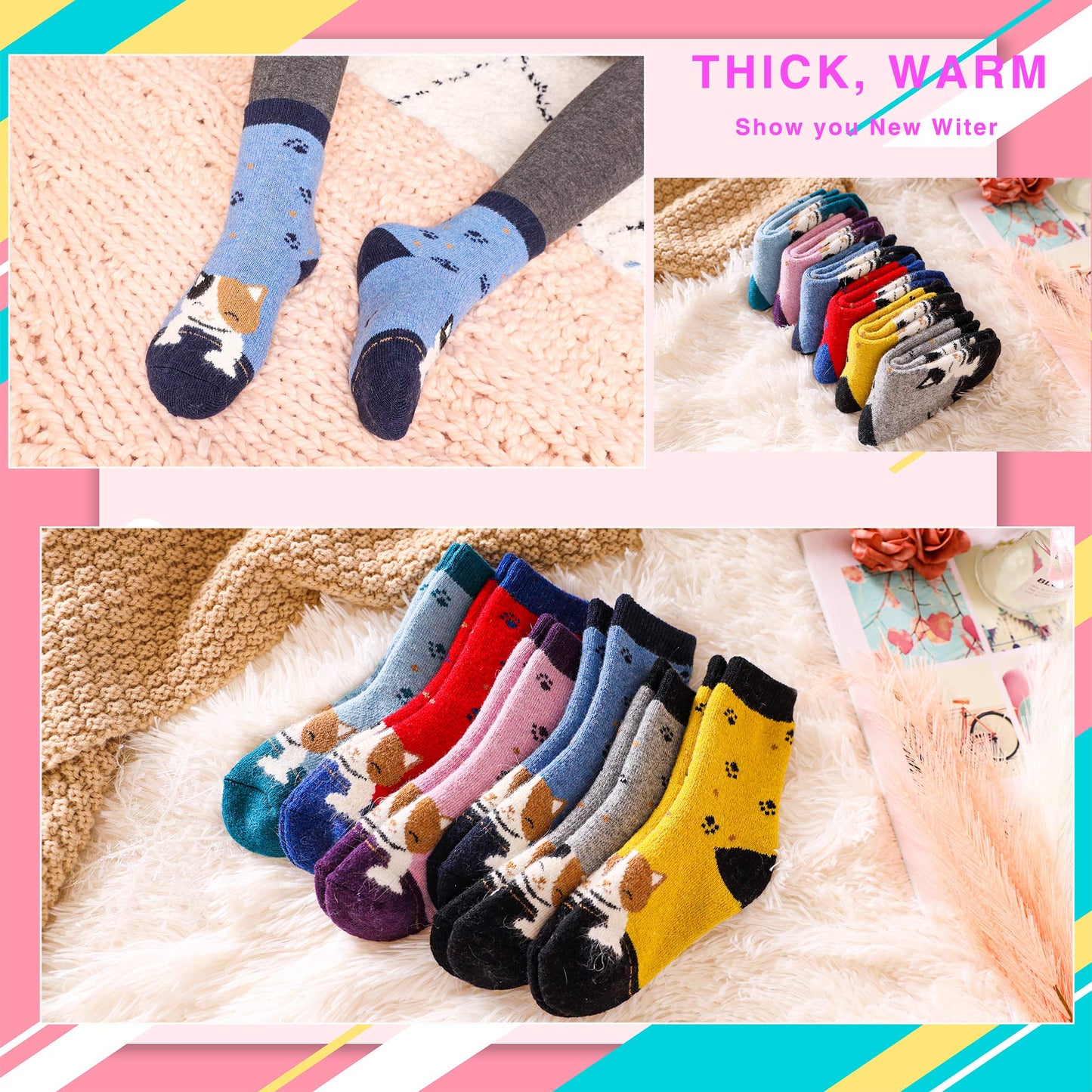 Dosmart Children'S Winter Warm Wool Solid Color Socks Kids Boy Girls Thermal Crew Socks 6 Pairs(Cat B, 1-3T)