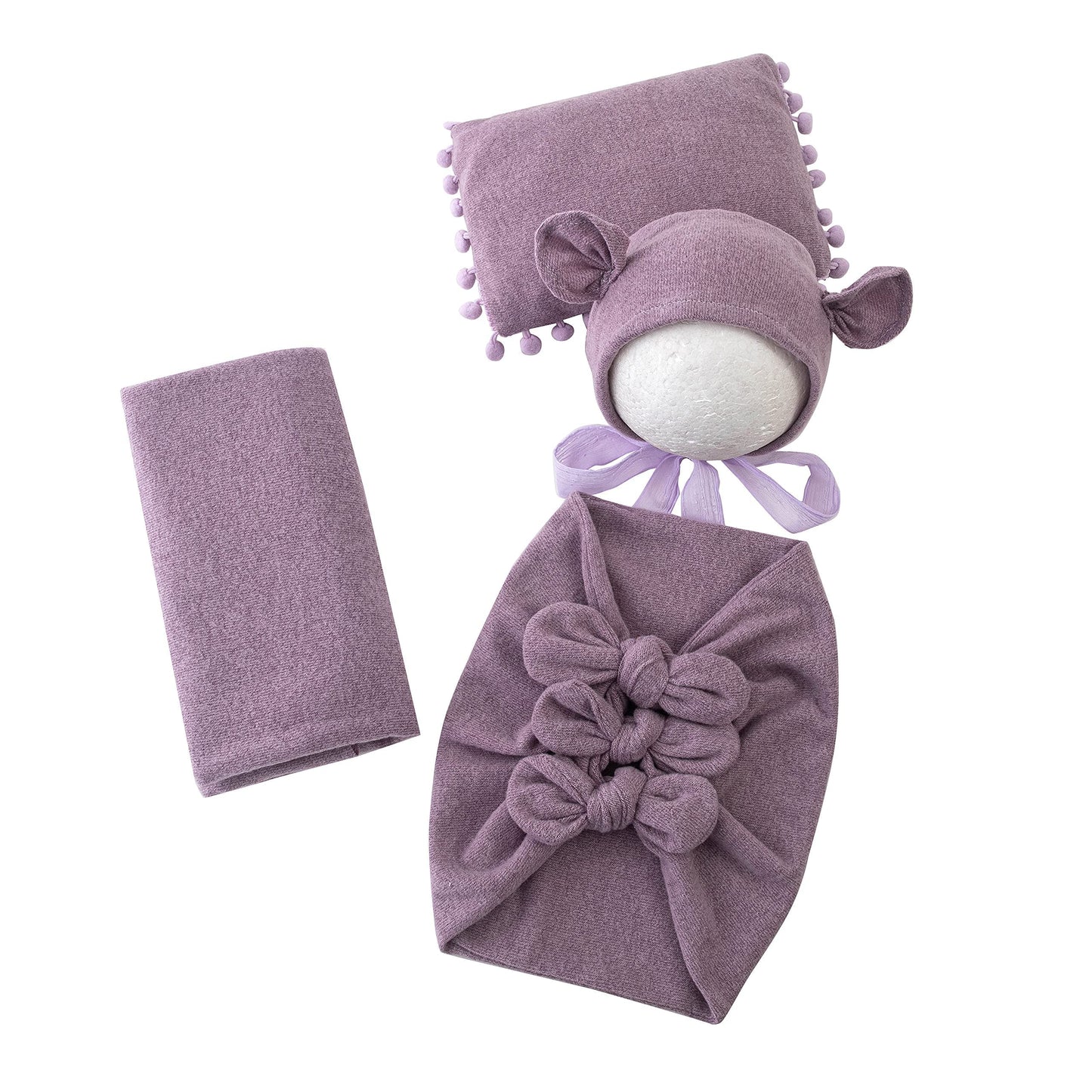 Vemonllas Newborn Baby Boy Girl Photography Props Bow Wrap, Posing Aid, Hat And Blanket Set Of 4 Pcs (Dark Purple)