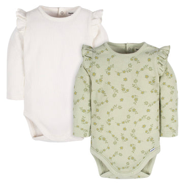 Gerber Baby Girl'S 2-Pack Long Ruffle Sleeve Onesies, Flower Toss