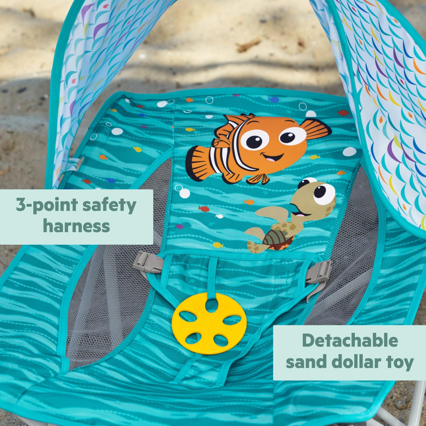 Bright Starts Disney Finding Nemo Pop 'N Chill Travel Seat, Indoor/Outdoor Use, Infant Seat With Upf 50+ Canopy, Blue, Ages 0-6