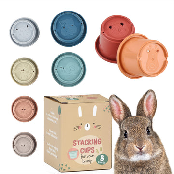[8 PC] Stacking Cups for Rabbits - Wheat Straw Rabbit Toys with Cute Animal Designs - Bunny Stacking Cups to Play with Rabbits -