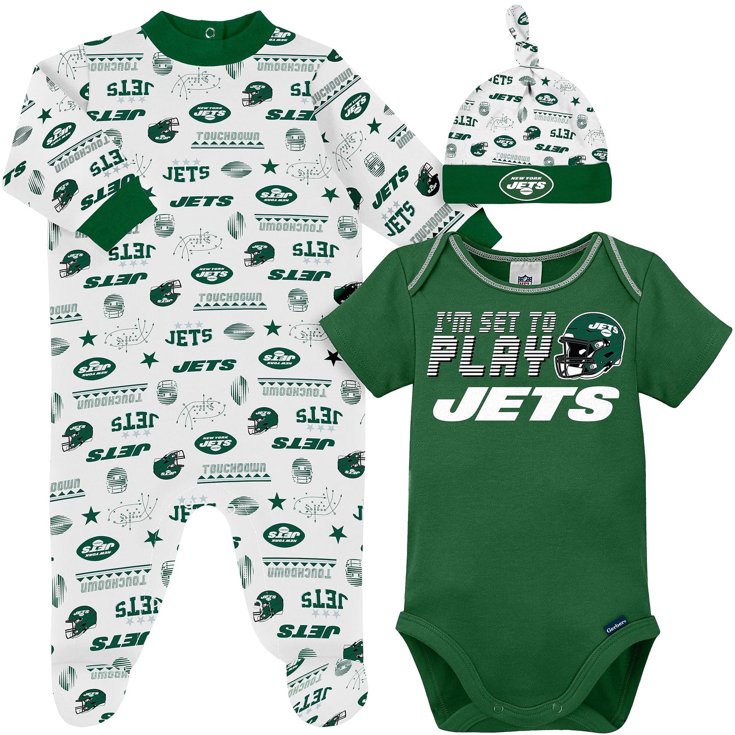 Gerber Nfl Baby Boys' 3-Pack Bodysuit, Sleep 'N Play, & Cap Set, New York Jets, 0-3 Months