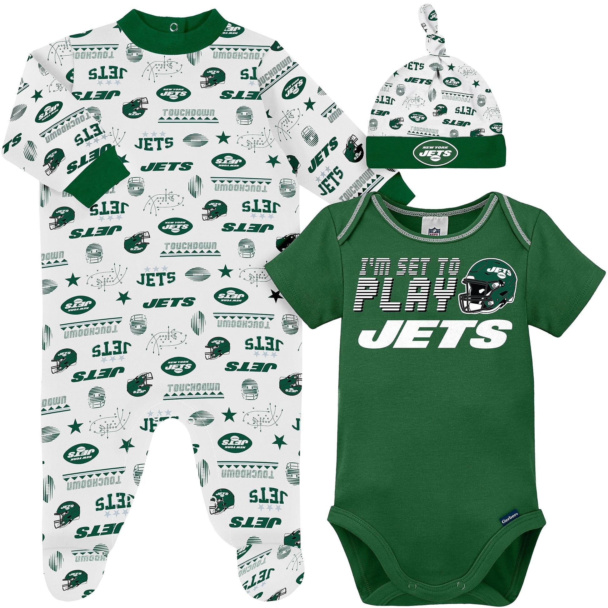 Gerber Nfl Baby Boys' 3-Pack Bodysuit, Sleep 'N Play, & Cap Set, New York Jets, 0-3 Months