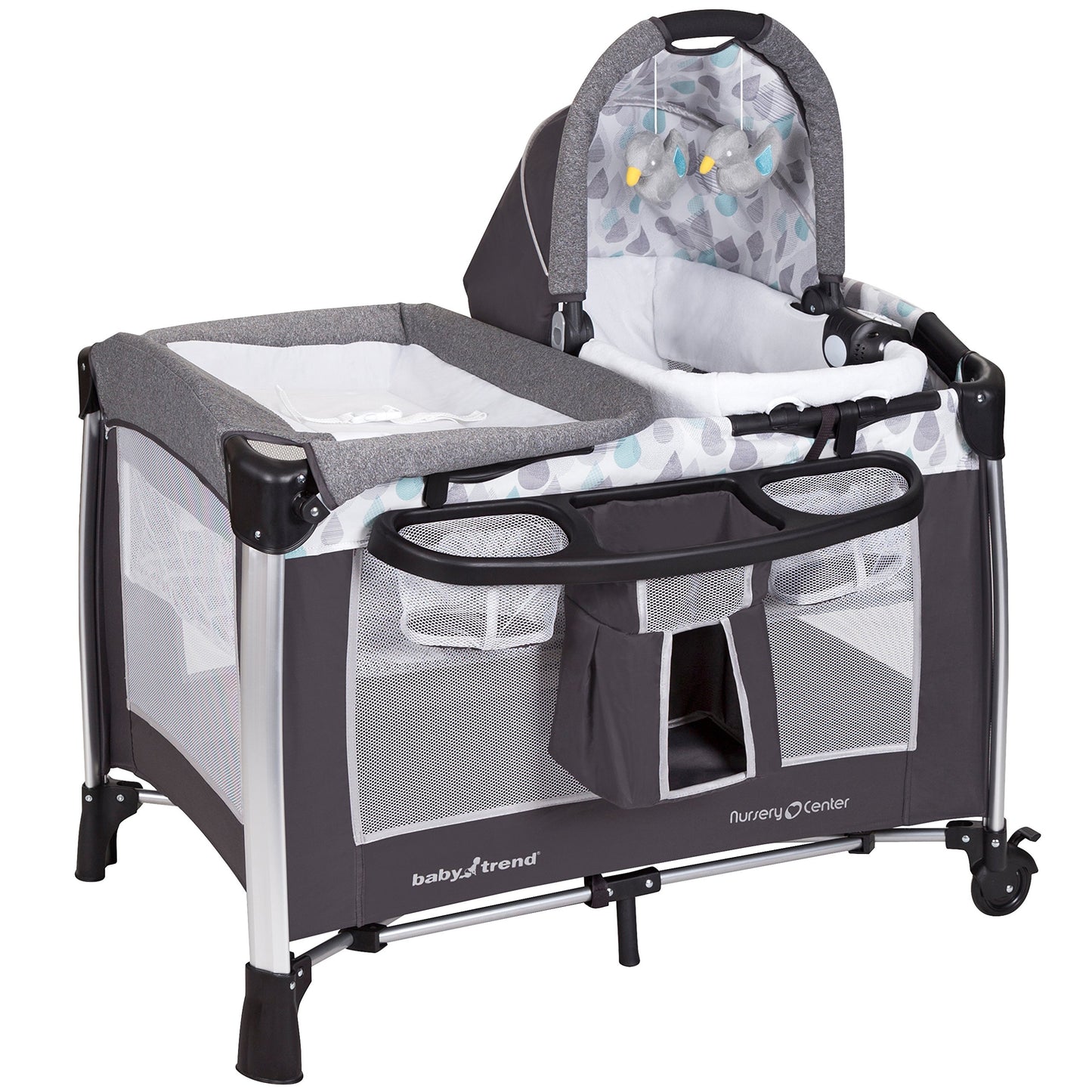 Baby Trend Nursery Center Travel Crib with Removable Rock-A-Bye Bassinet, Changing Table, Organizer, and Electronic Music Center