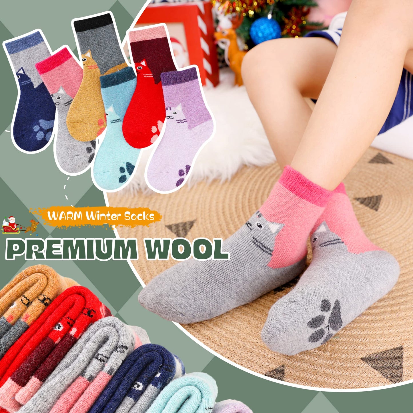 Children'S Winter Warm Wool Solid Color Socks Kids Boy Girls Thermal Crew Socks 6 Pairs (6 Pairs Cat, 4-7 Years)