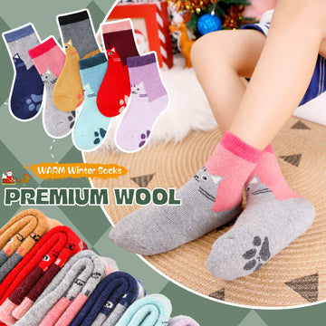 Children'S Winter Warm Wool Solid Color Socks Kids Boy Girls Thermal Crew Socks 6 Pairs (6 Pairs Cat, 4-7 Years)