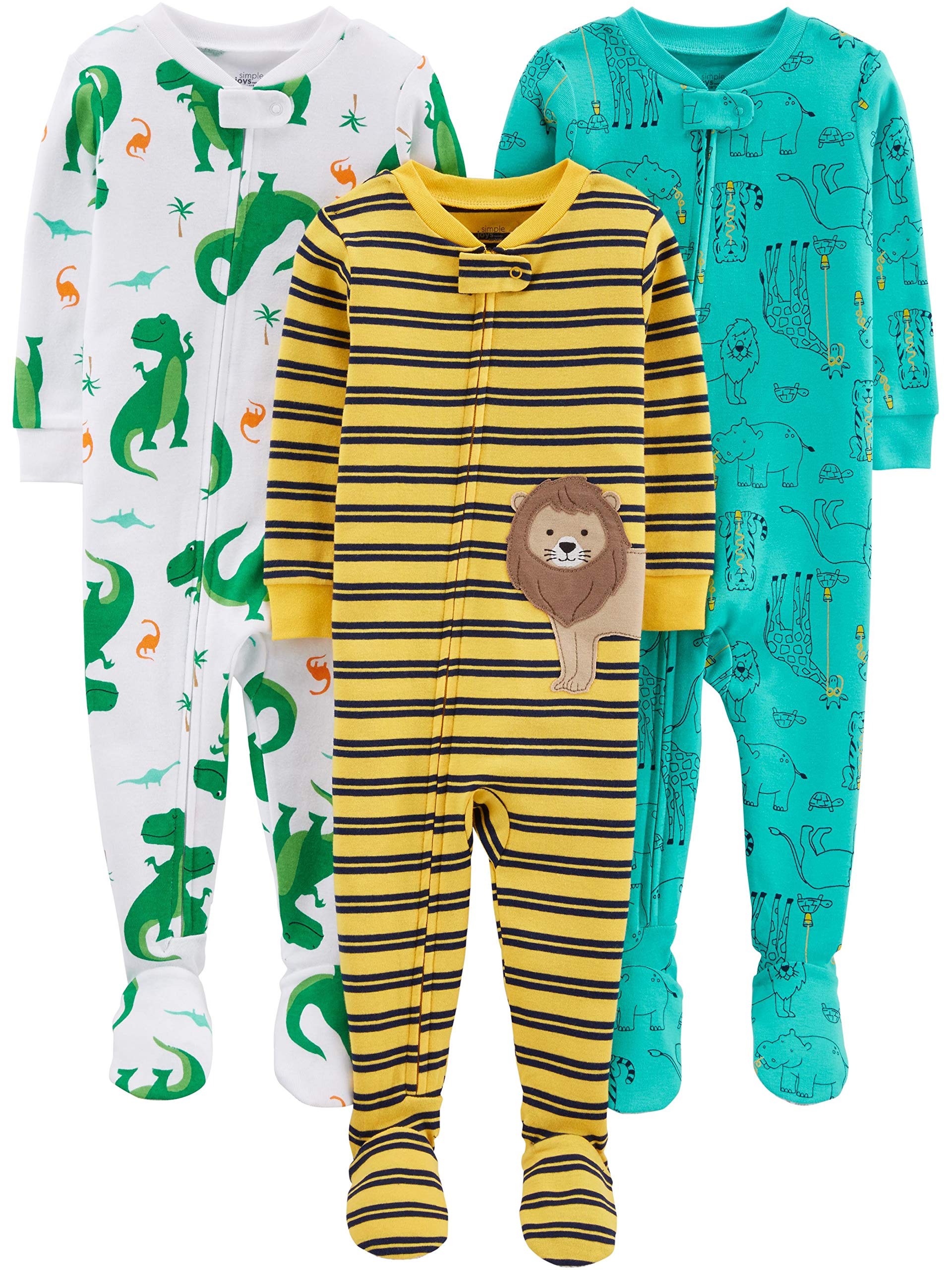 Simple Joys By Carter'S Baby Boys' Snug-Fit Footed Cotton Pajamas, Pack Of 3, Dinosaur/Animal, 12 Months