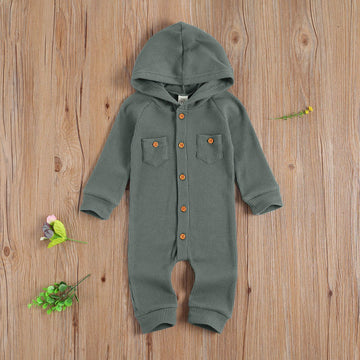 Ynibbim Winter Newborn Baby Boy Girl Solid Romper Unisex Infants Hooded Outfit Clothes Waffle Cotton Button Jumpsuits (Grey, 0-3