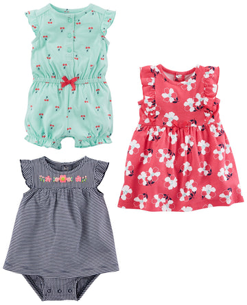 Simple Joys By Carter'S Baby Girls' 3-Pack Romper, Sunsuit And Dress, Mint Green Cherry/Navy Stripe/Pink Floral, 12 Months
