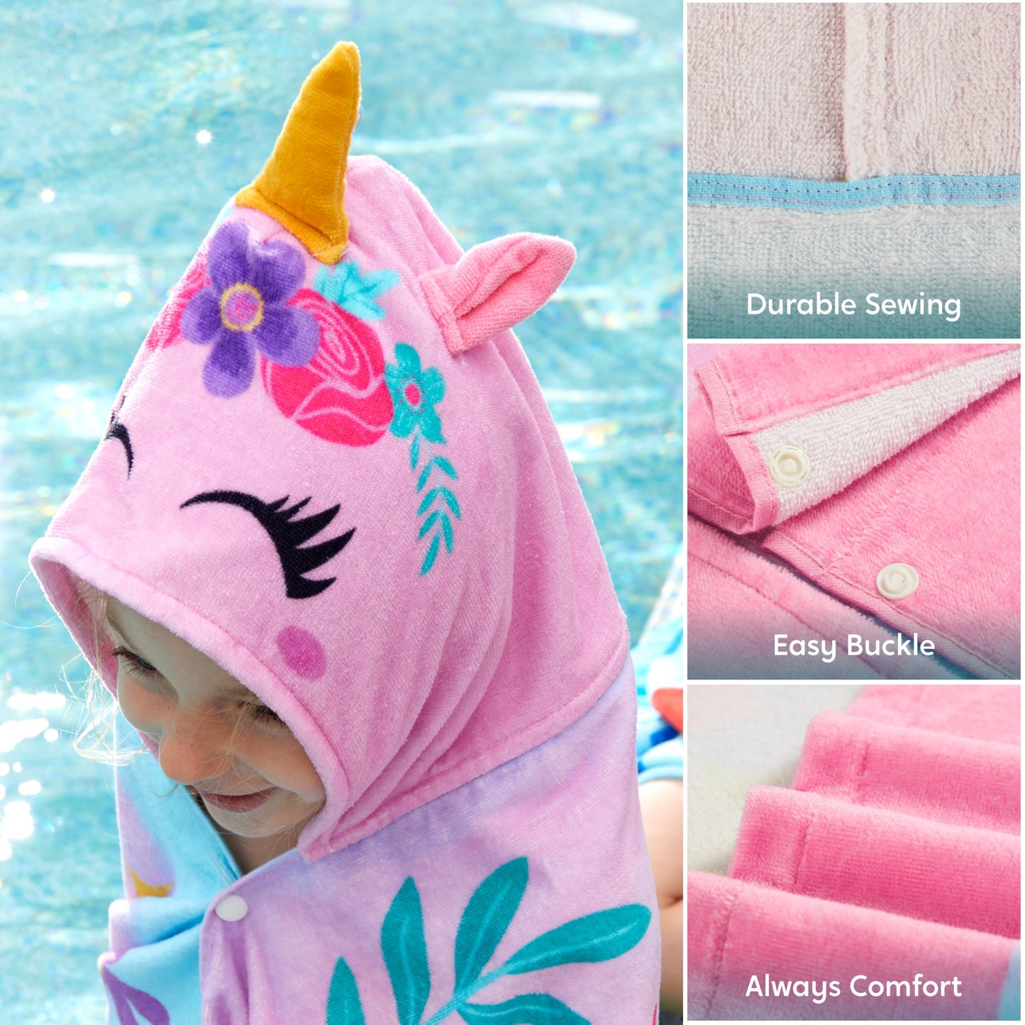Joiedomi Unicorn Hooded Towels For Kids - Soft 100% Cotton Kids Beach Towel - 30' X 50' For 3-10 Years Boys Girls - Beach Hood