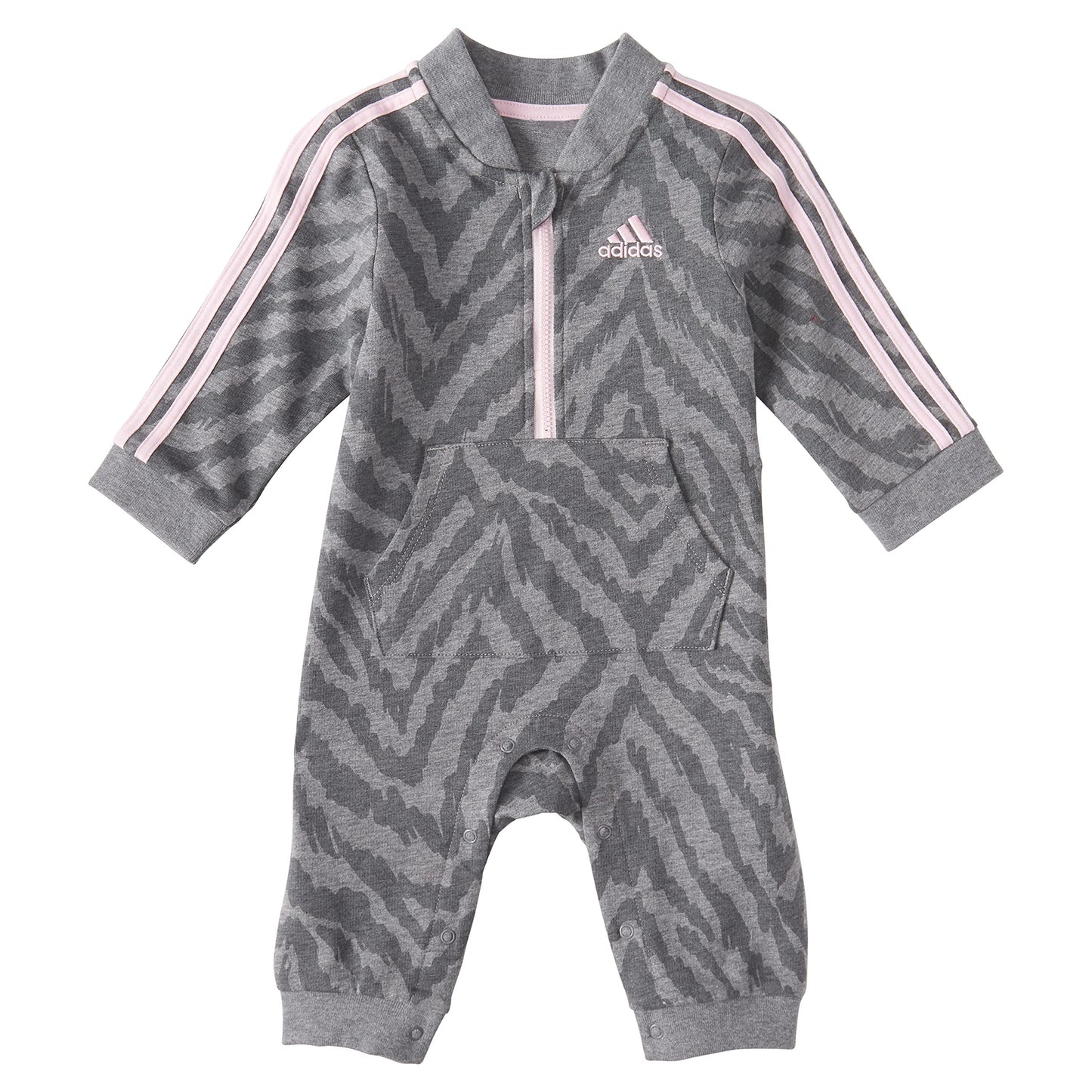 Adidas Baby Girls Long Sleeve Zip Front Printed French Terry Coveralls And Toddler Sleepers, Charcoal Grey Heather, 24 Months Us