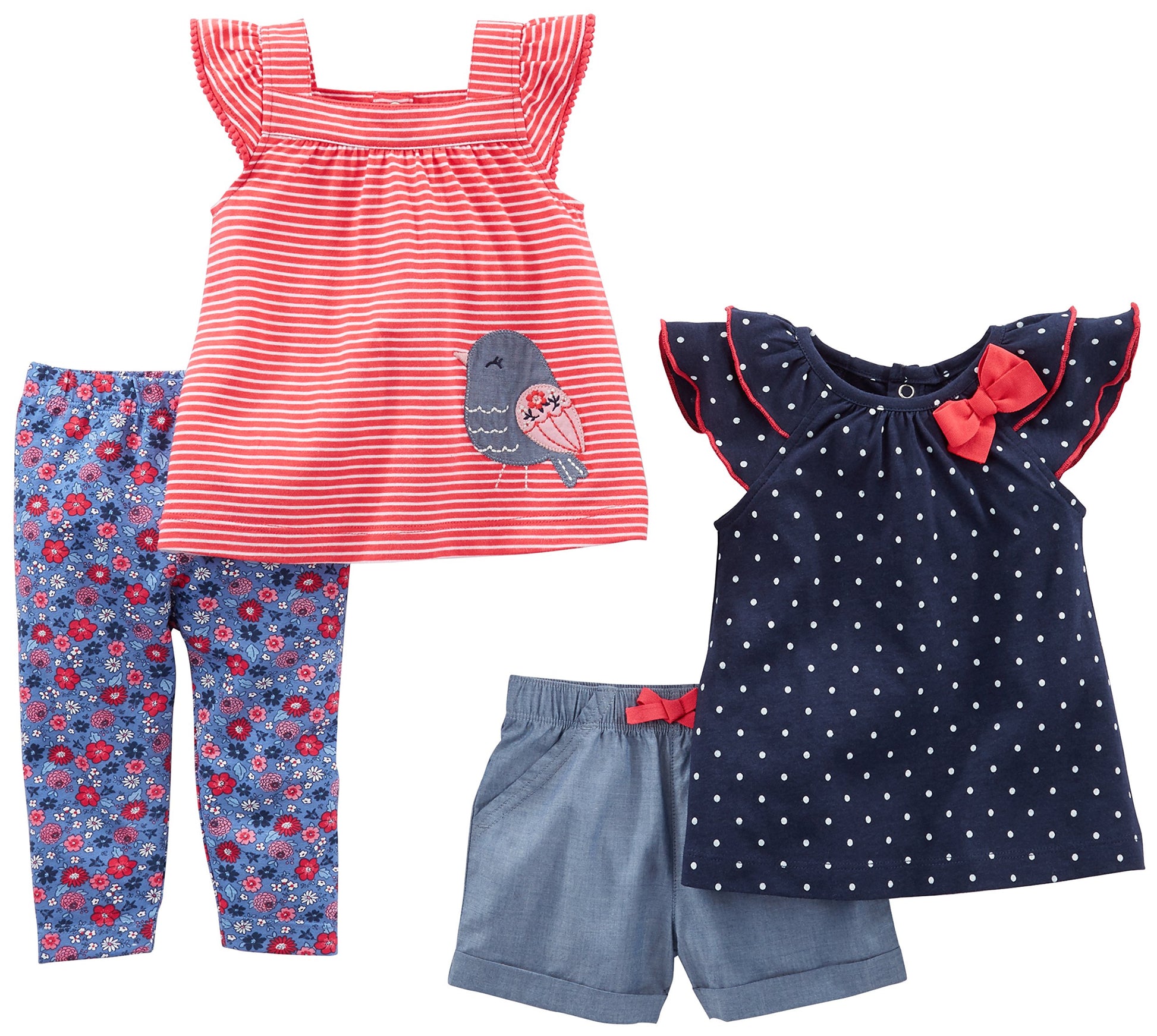 Simple Joys By Carter'S Baby Girls' 4-Piece Playwear Set, Navy/Red, Dots/Stripe/Bird, Newborn