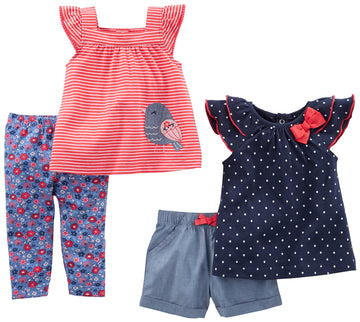 Simple Joys By Carter'S Baby Girls' 4-Piece Playwear Set, Navy/Red, Dots/Stripe/Bird, Newborn