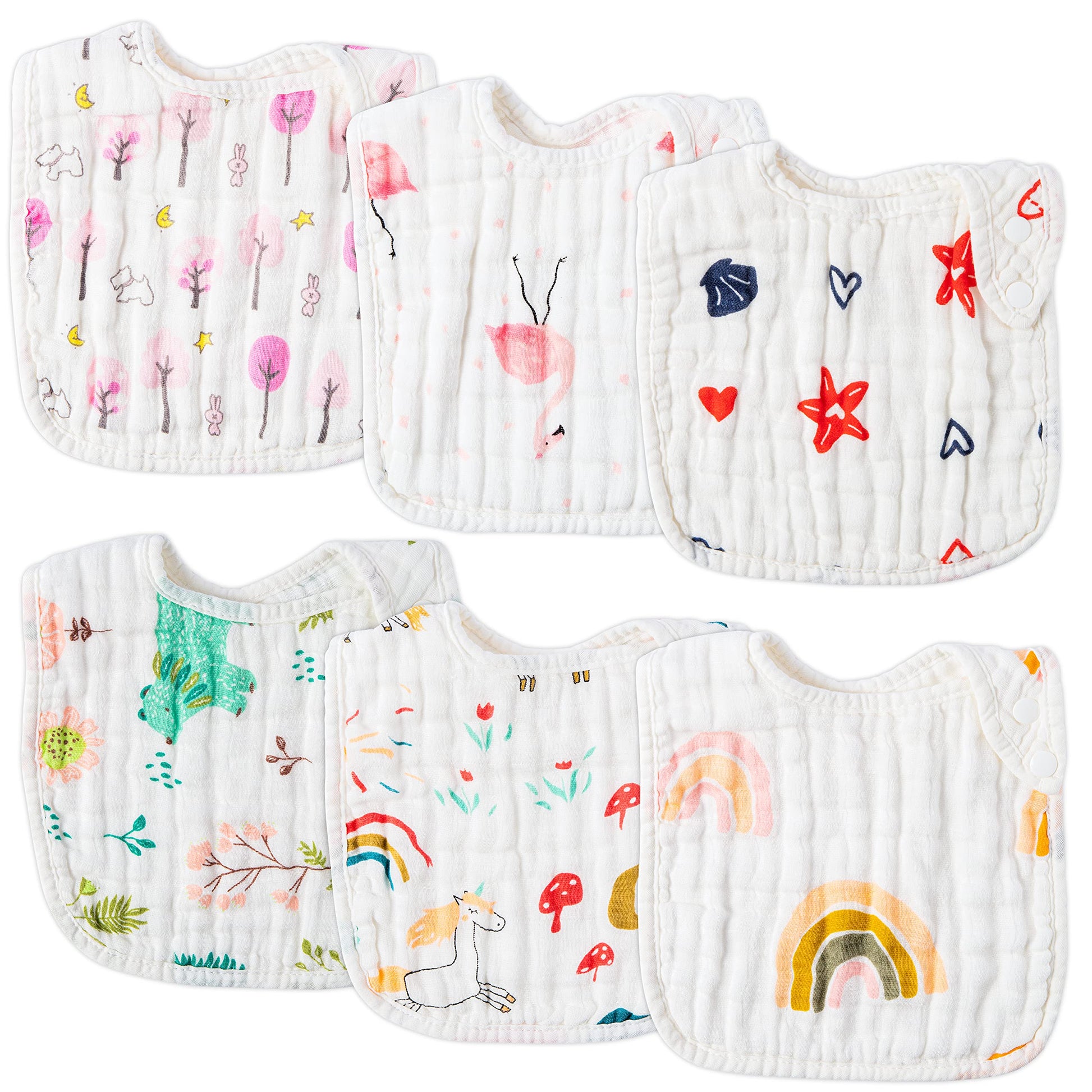 Zainpe 6Pcs Snap Muslin Cotton Bibs For Baby Rainbow Unicorn Flamingo Machine Washable Burp Cloths With 6 Absorbent Soft Layers