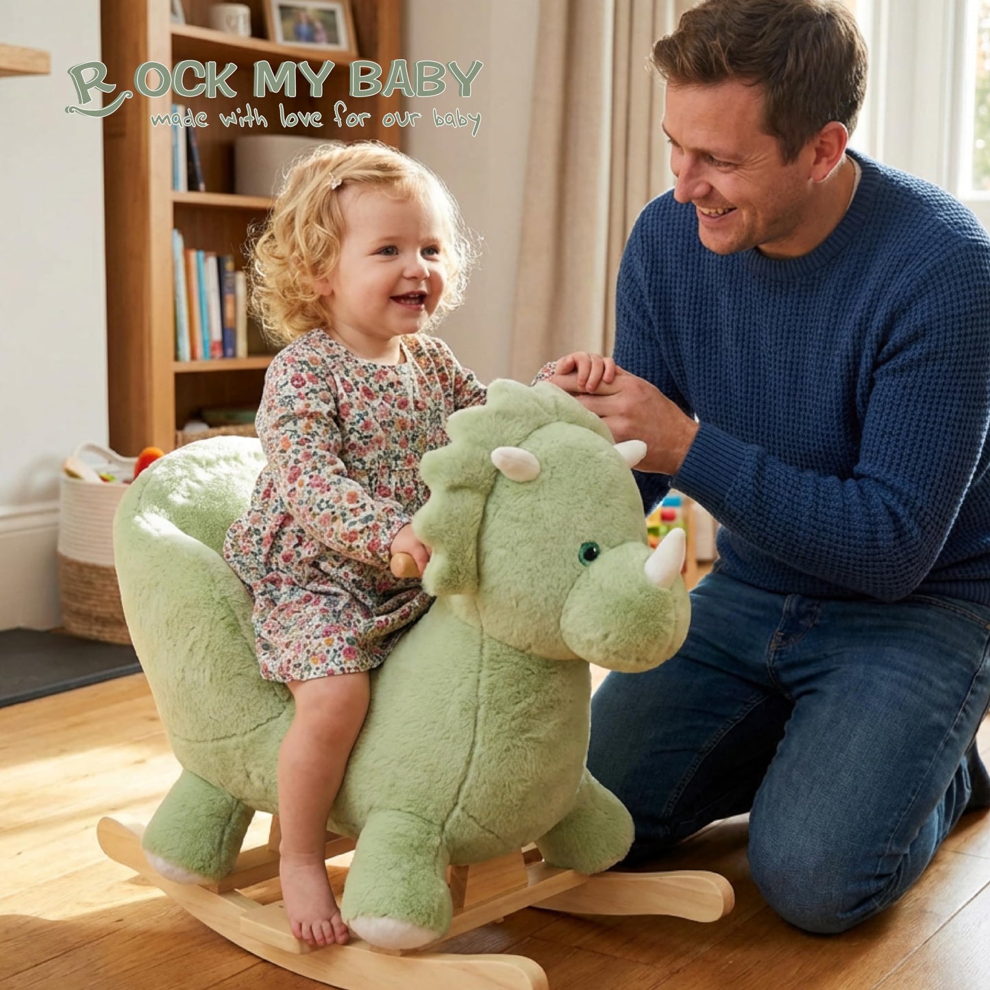 Rock My Baby Rocking Horse Green Dinosaur with Chair, Plush Stuffed Animal Rocker, Baby Rocker with Sweet Music, Wooden Rocking