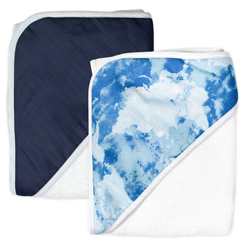 Honestbaby Baby 2-Pack Organic Cotton Hooded Towels, Watercolor World/Navy, One Size