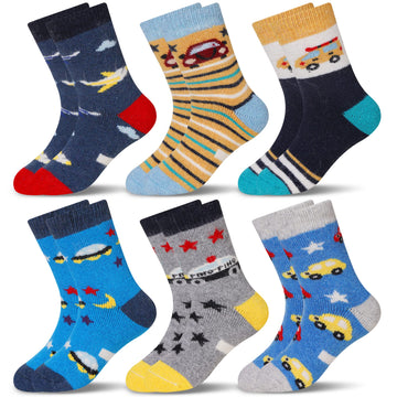 Eocom 6 Pairs Children'S Winter Warm Wool Animal Crew Socks Kids Boys Girls Socks (Car, 4-7X)