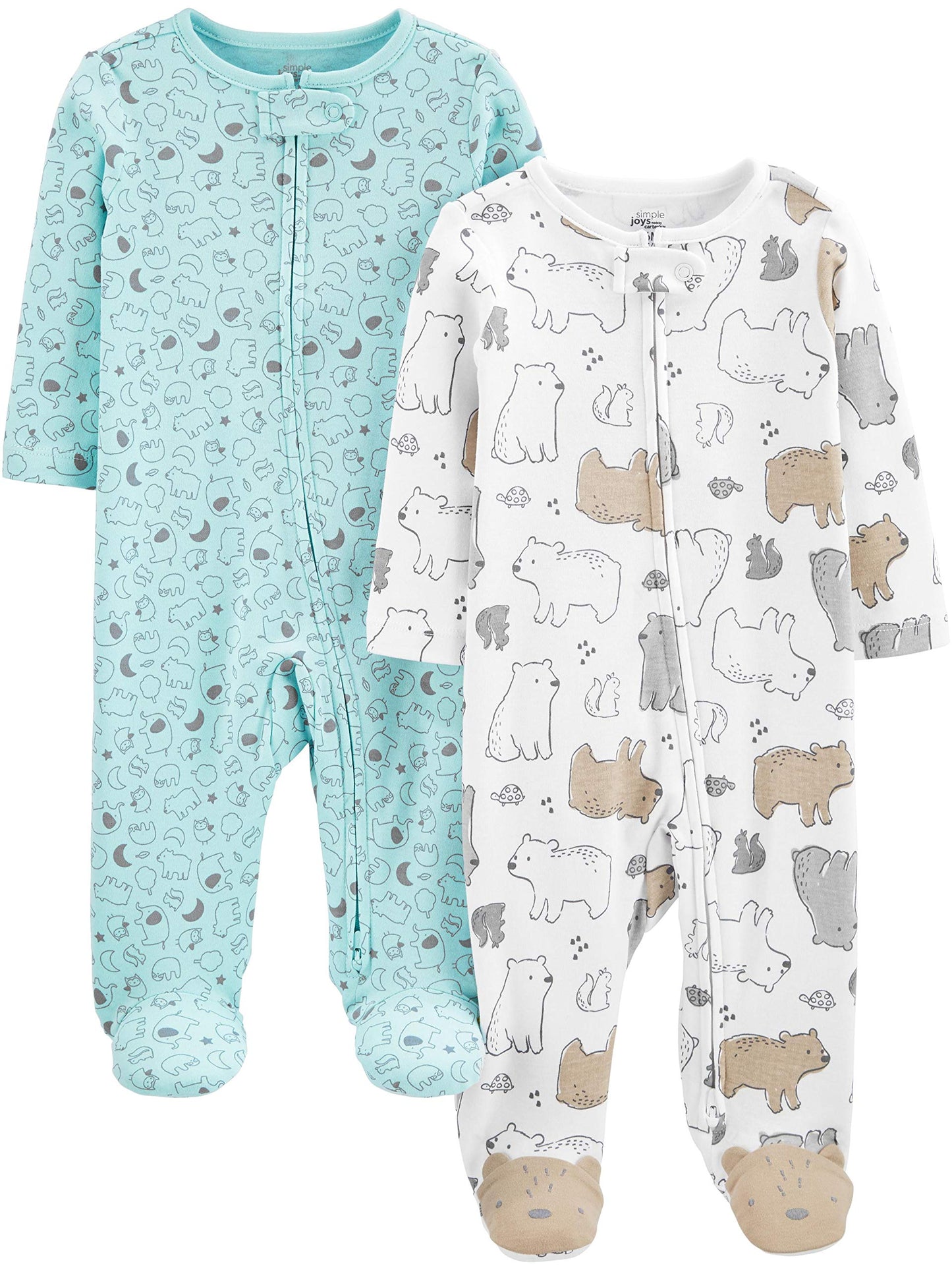 Simple Joys by Carters Baby Neutral 2-Pack Cotton Footed Sleep and Play, Aqua Blue Forest Animals/White Bear, 3-6 Months