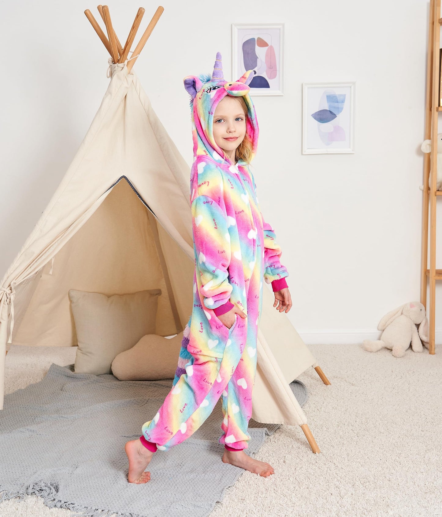 Kids Unicorn Onesie Animal One Piece Pajamas Halloween Costumes (Color Love, 10-12 Years)