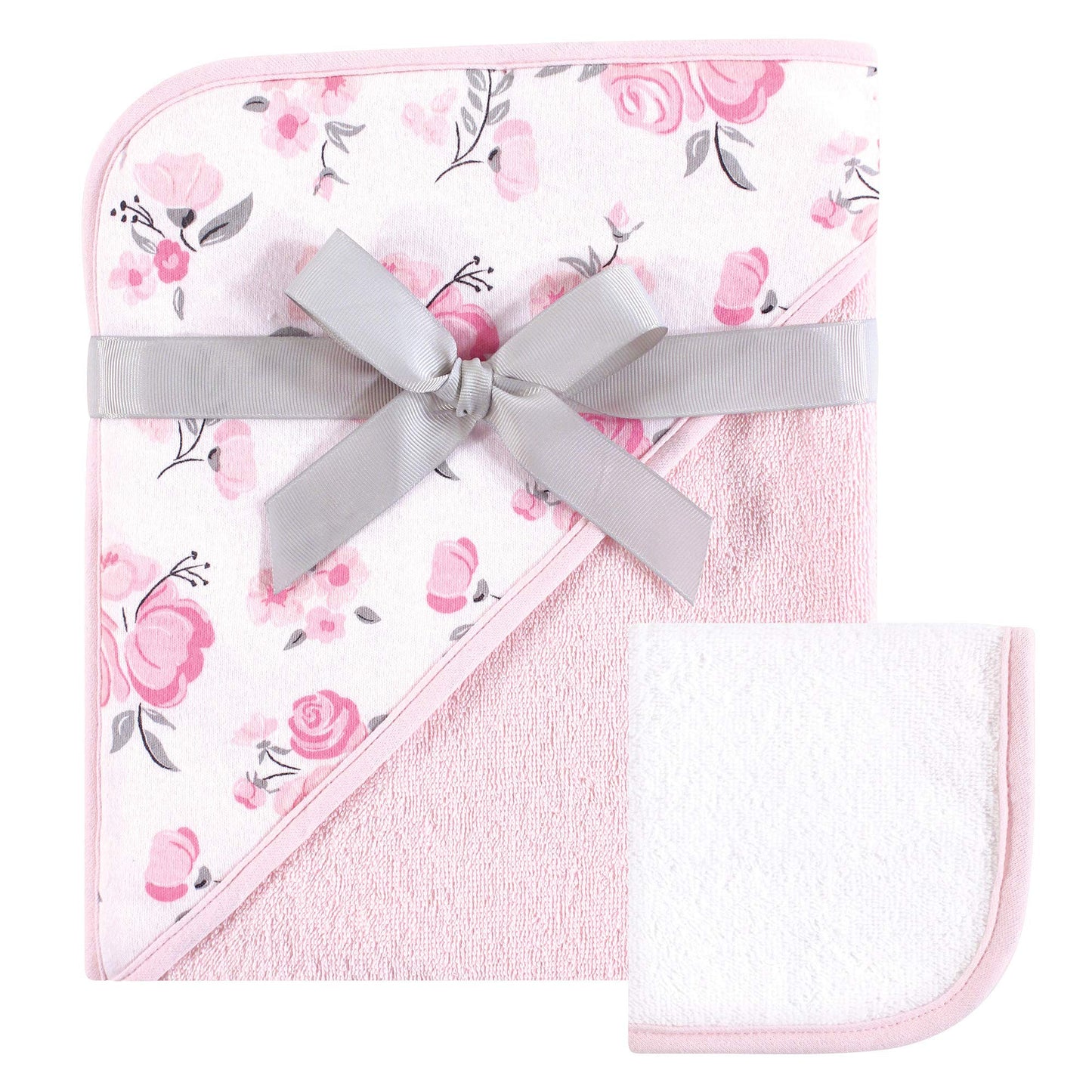 Hudson Baby Unisex Baby Cotton Hooded Towel And Washcloth, Pink Floral, One Size