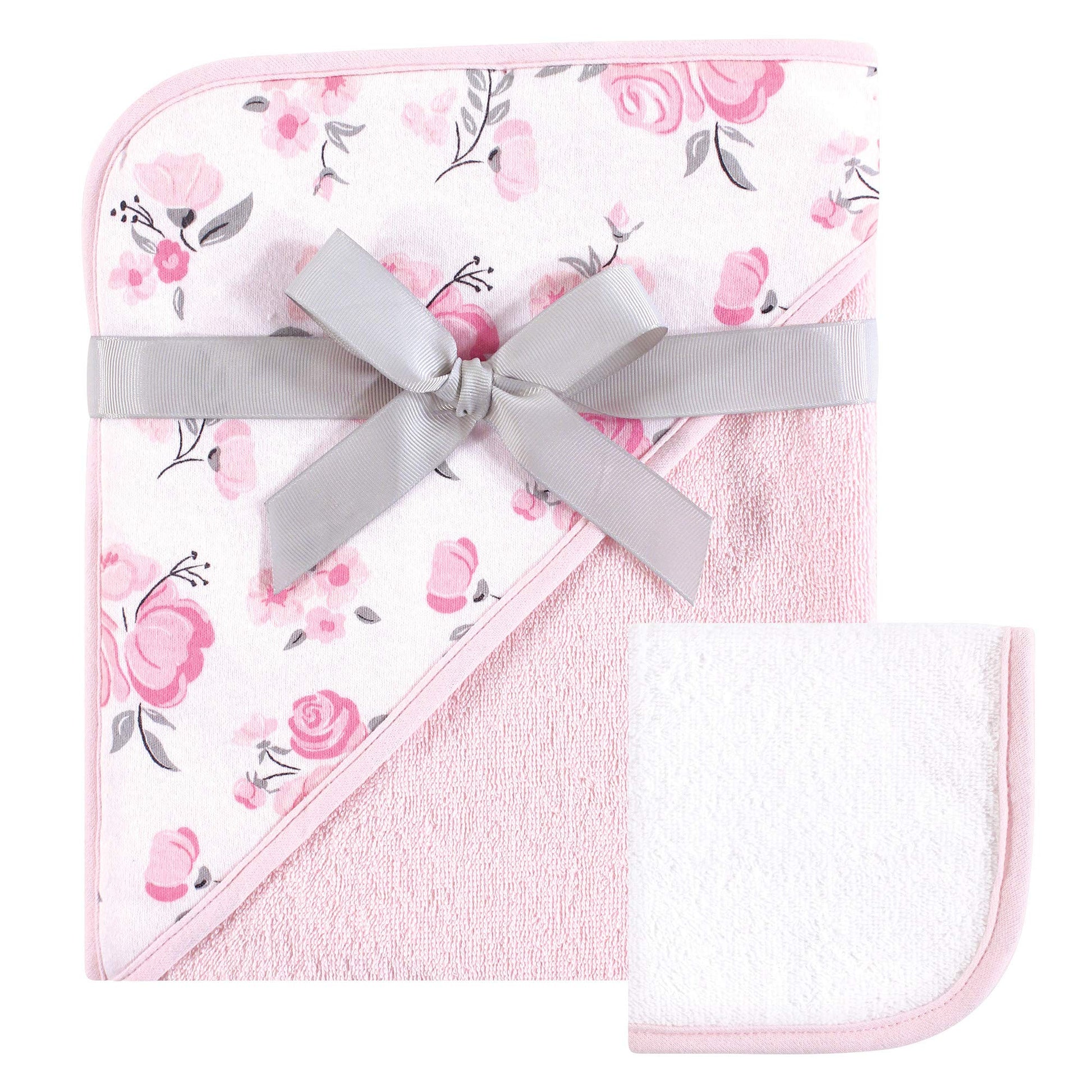 Hudson Baby Unisex Baby Cotton Hooded Towel And Washcloth, Pink Floral, One Size