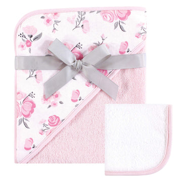 Hudson Baby Unisex Baby Cotton Hooded Towel And Washcloth, Pink Floral, One Size