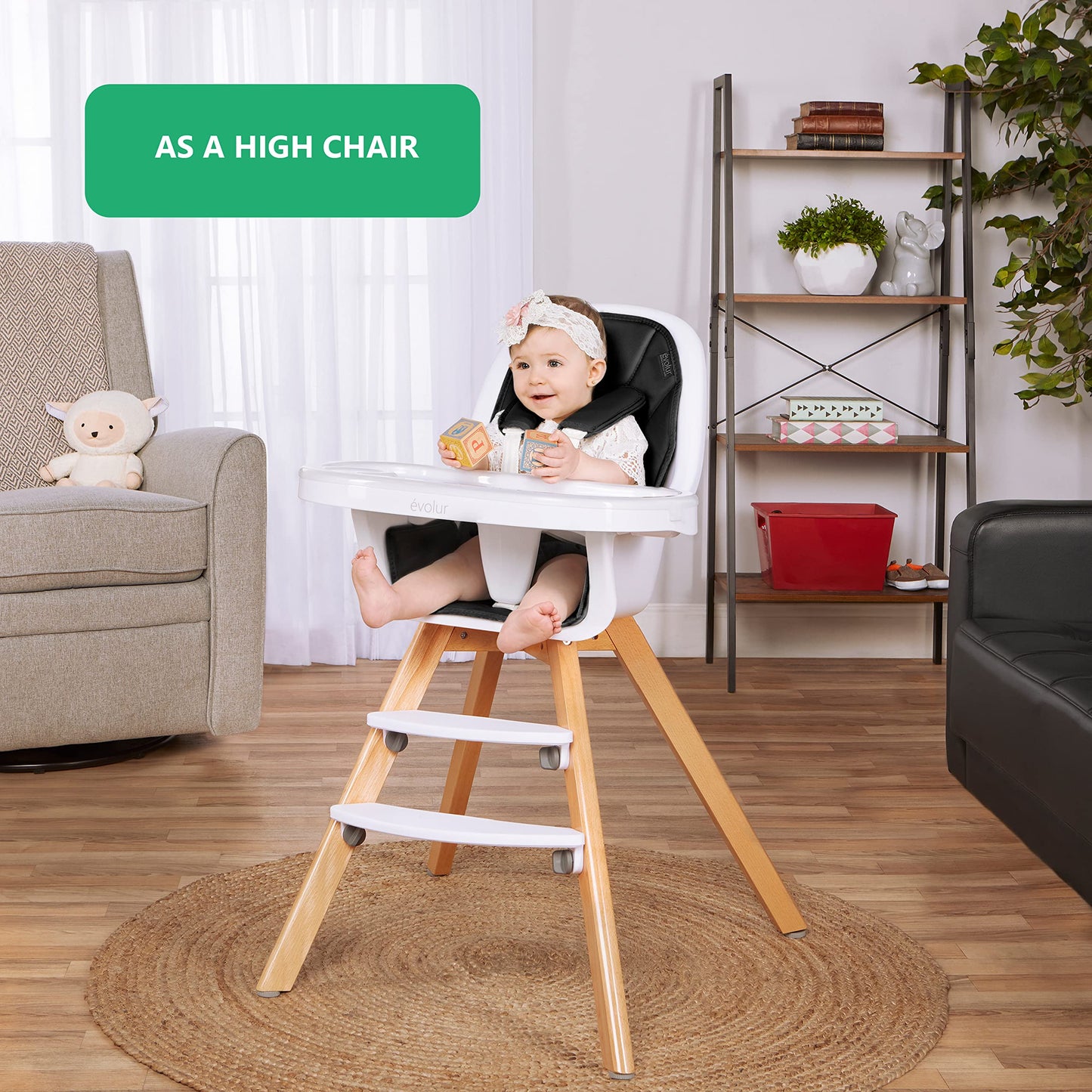 Evolur Zoodle 2 in 1 Convertible Baby High Chair, Black, Easy to Clean, Adjustable & Removable Tray, Compact & Portable, Foldabl