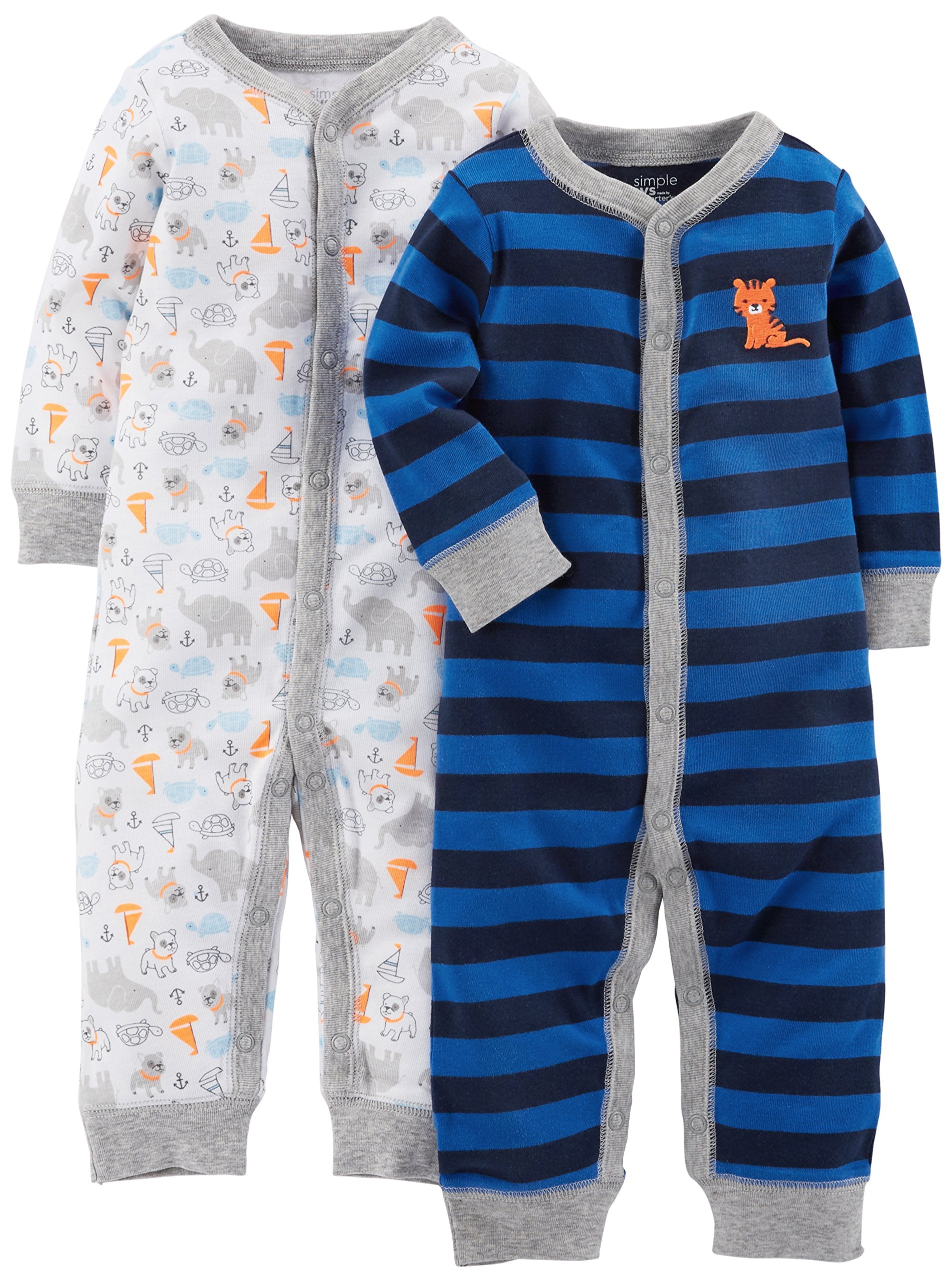 Simple Joys By Carter'S Baby Boys' Cotton Footless Sleep And Play, Pack Of 2, Blue, Animal/Stripe, Preemie