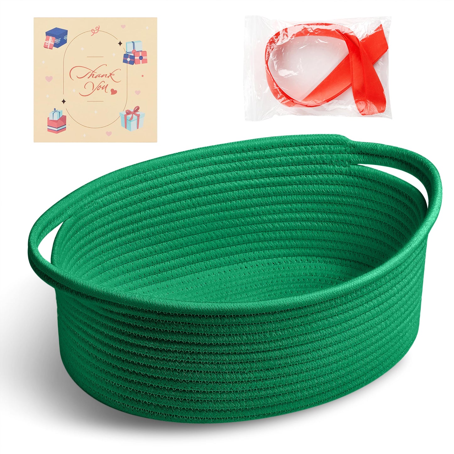 Bufims Small Woven Green Gifts Basket for Storage Empty with Ribbons and Bags Durable Cute Gifts 12X 8 X 5 Small Rope Basket for