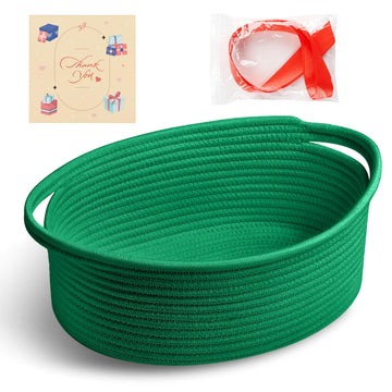 Bufims Small Woven Green Gifts Basket for Storage Empty with Ribbons and Bags Durable Cute Gifts 12X 8 X 5 Small Rope Basket for
