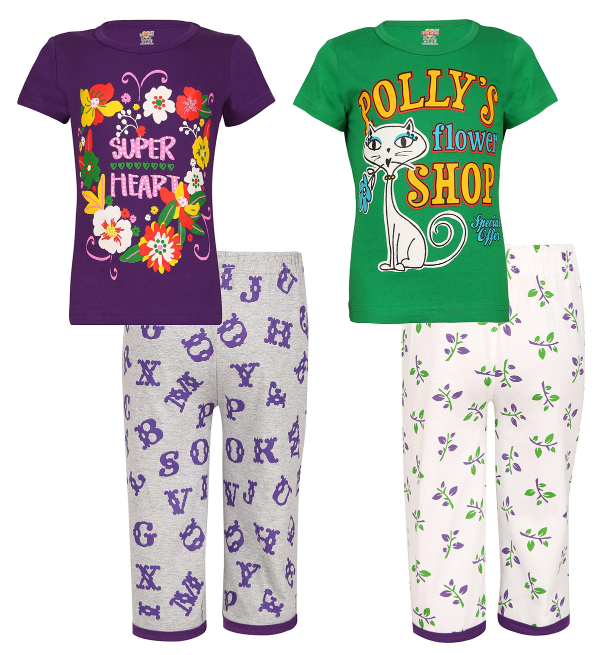 SINI MINI Girls Printed Capri Set (Pack of 2) Purple Green