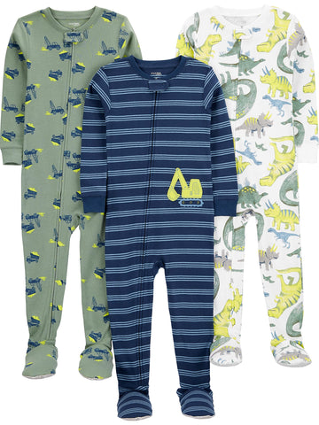 Simple Joys By Carter'S Baby Boys' 3-Pack Snug Fit Footed Cotton Pajamas, Navy Stripe/Sage Green Construction/White Dinosaur, 12