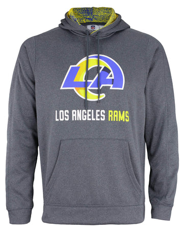 Zubaz Nfl Mens Heather Grey Fleece Hoodie With Static Colored Hood, Pro Football Hoodie, Los Angeles Rams 20, Medium