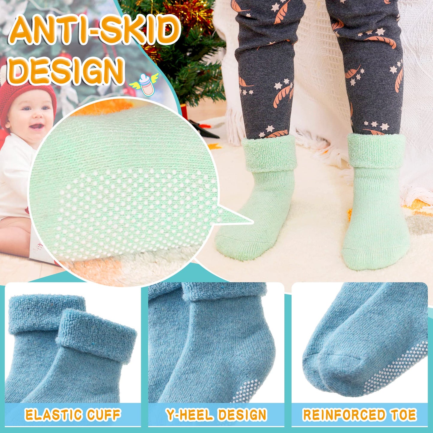 Eyean Baby Wool Grip Sock Soft Winter Warm Thick Non Slip Toddler Boy Girls Crew Socks For Children 6 Pairs (Solid Color-A, 0-12